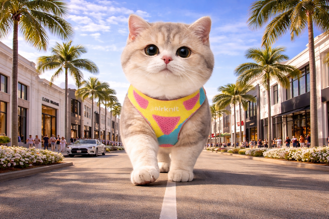 Cat wearing AirKnit Pet lightweight knit harness showing flexible second skin fit for cats